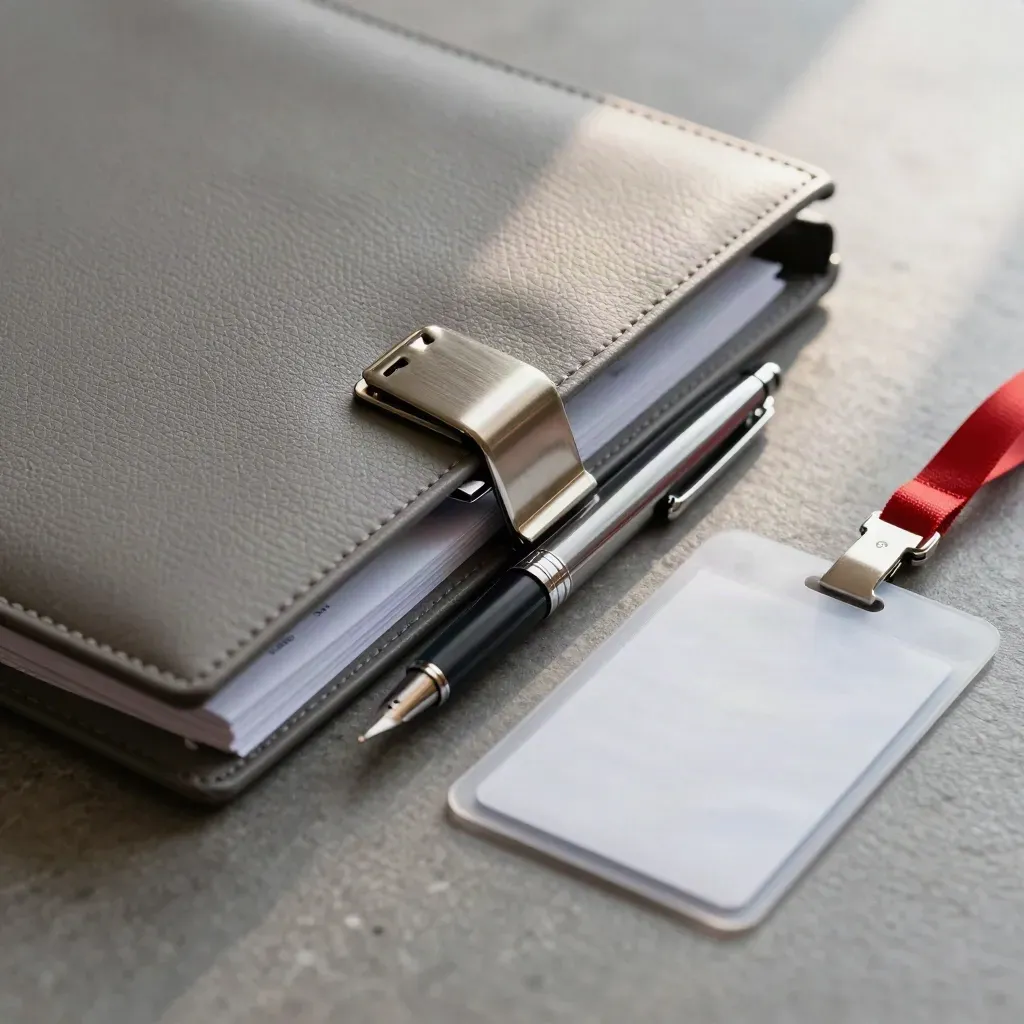 Pochette de briefing en cuir gris, pince acier et badge vierge sur pierre mate.