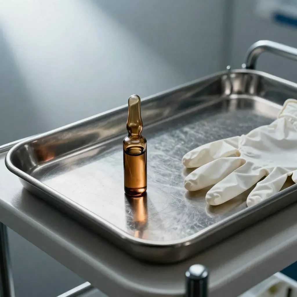 Plateau inox, flacon ambré vide et pince gris perle dans une ambiance médicale froide.