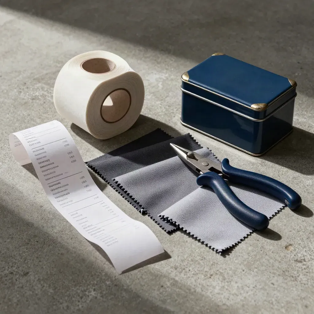 Nature morte retail avec tickets, pince-étiquette, textiles gris et bac métal sur béton.