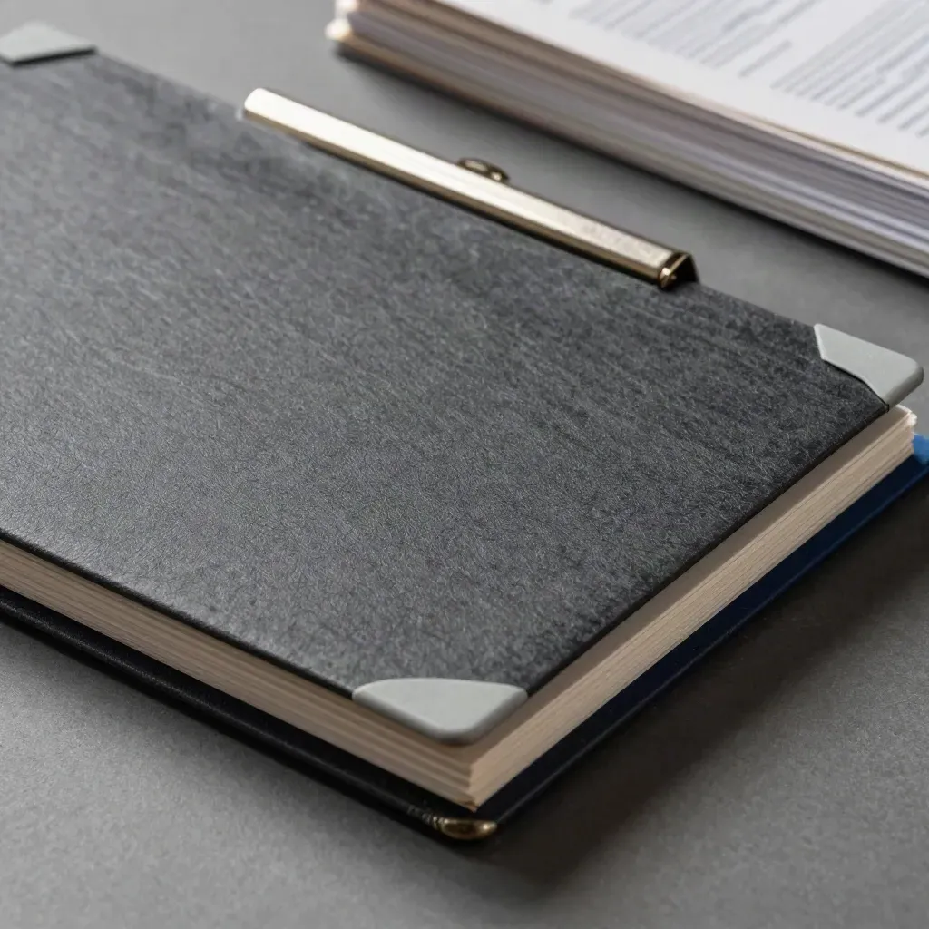 Chemise de rapports de clipping fermée, maintenue par une pince acier sur fond graphite.