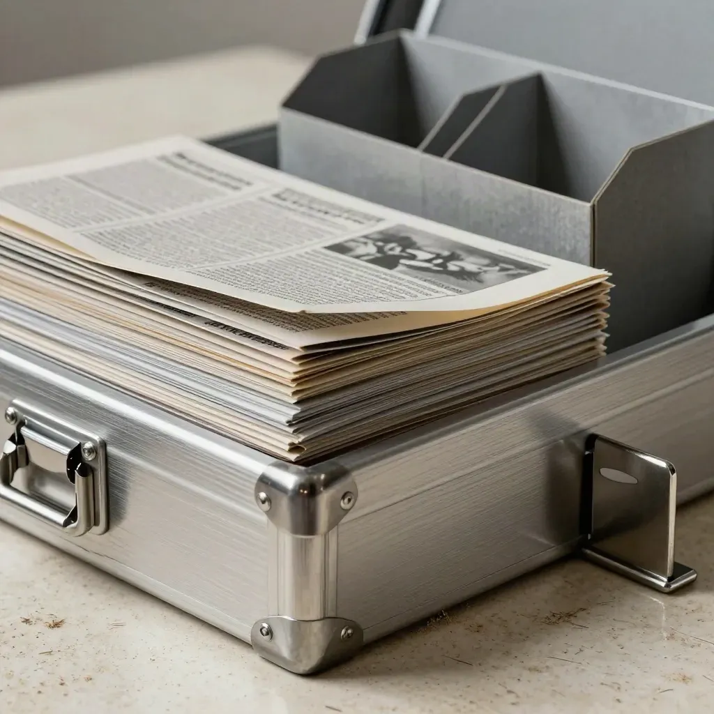 Nature morte newsroom avec boîte de dépêches, serre-livres acier et coupures pliées sur travertin.
