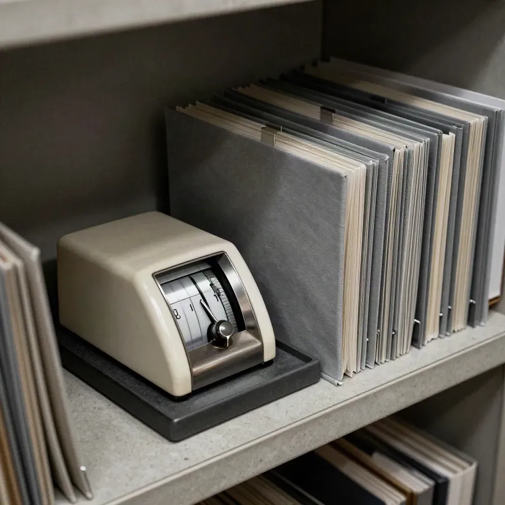Compteur mécanique, bac de tri et dossiers gris dans un décor d’archives presse.