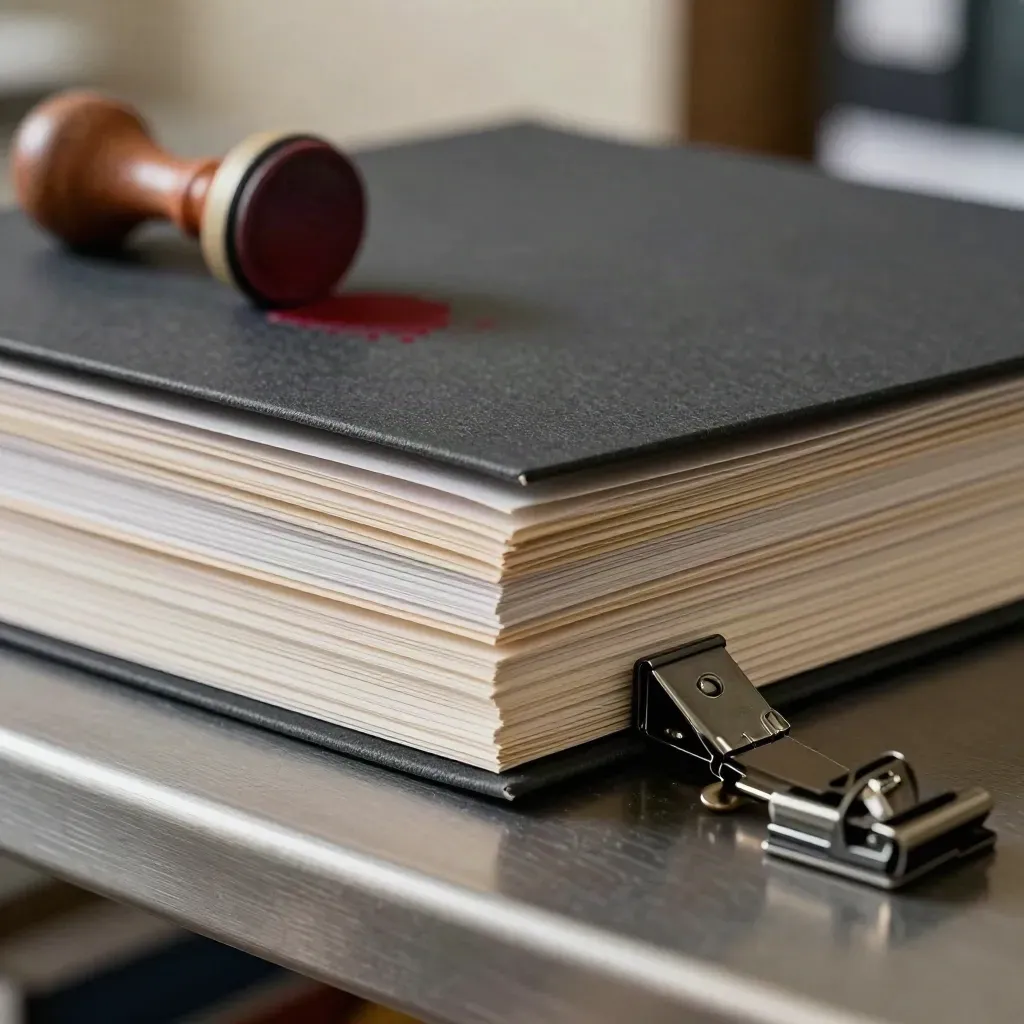 Pochettes de presse, tampon de validation et trombones sur dossier flou.
