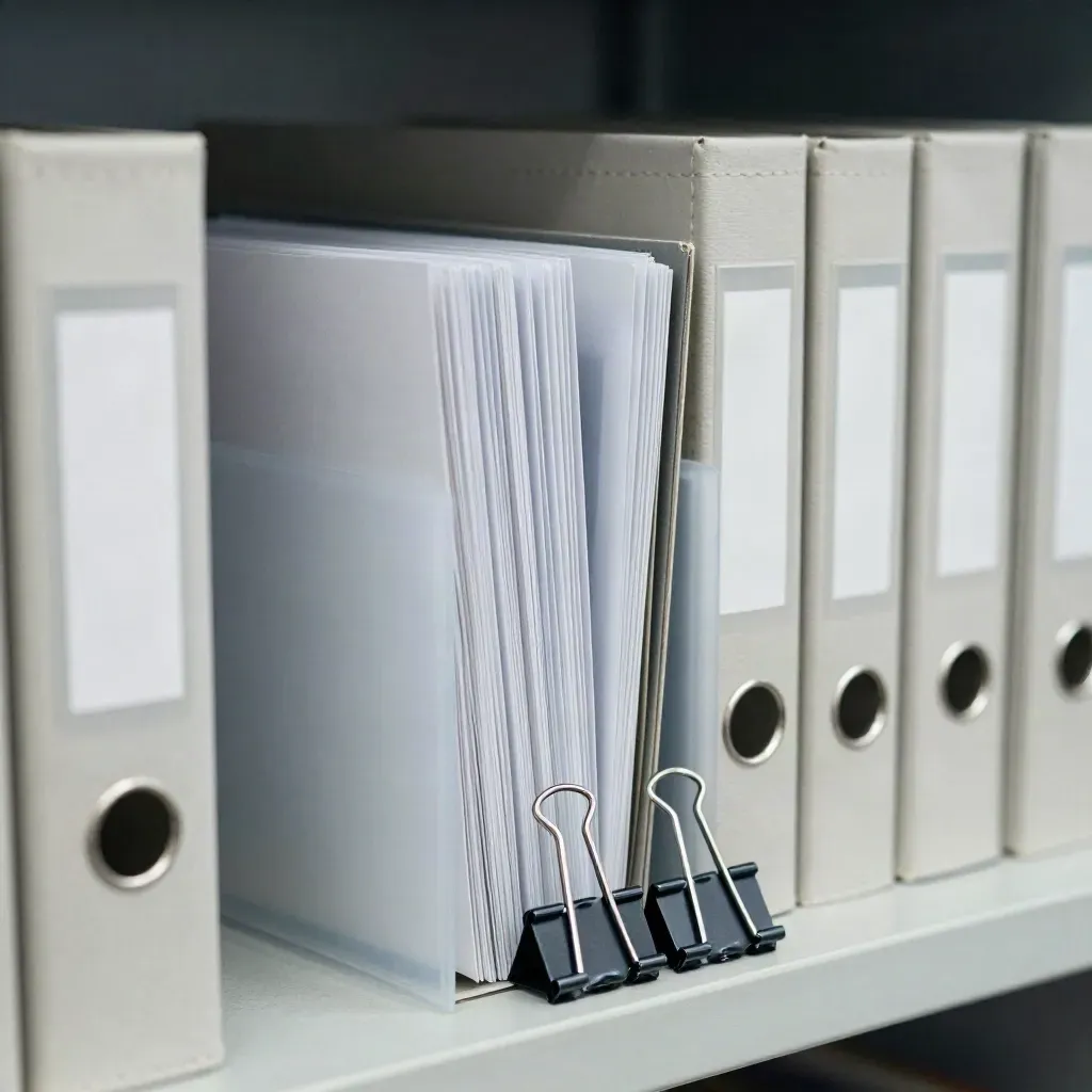 Boîtes d’archives empilées, anneaux de reliure et serre-documents, lumière dramatique.