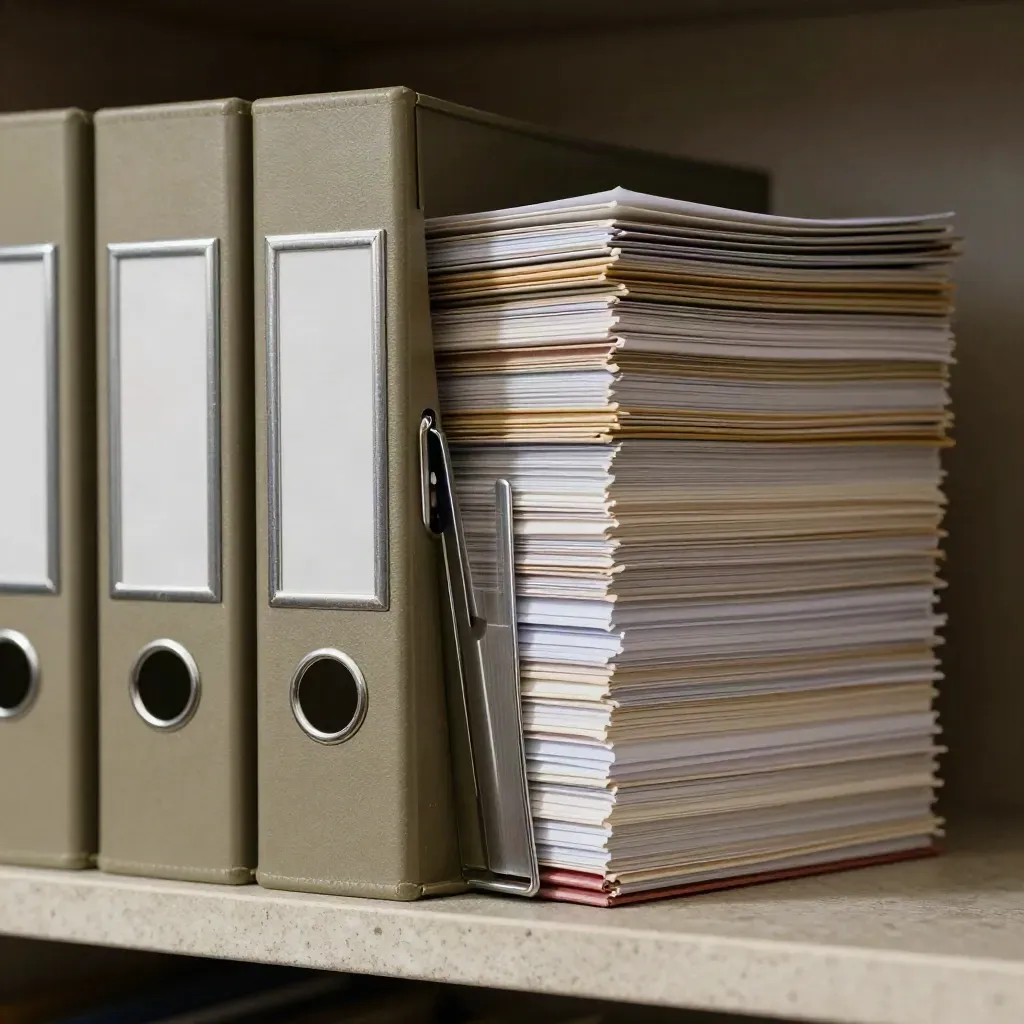 Boîte d’archives presse entrouverte avec intercalaires, classeurs et cartes triées