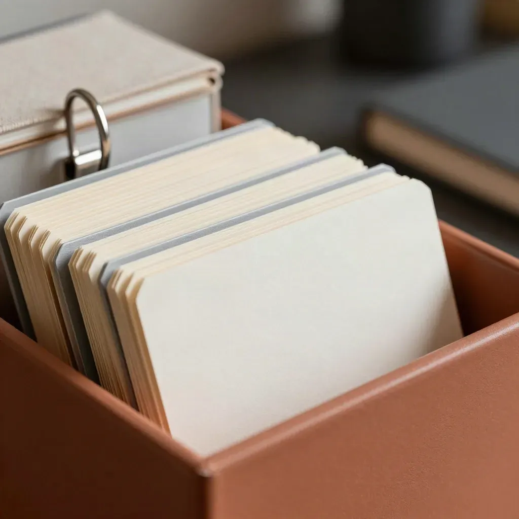 Boîte à fiches de contacts presse, carte à moitié sortie, séparateurs gris et pince métallique.