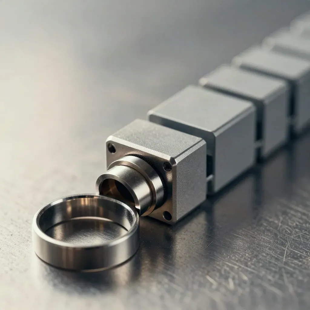 Anneaux d’acier, connecteur usiné et blocs modulaires gris sur métal brossé.