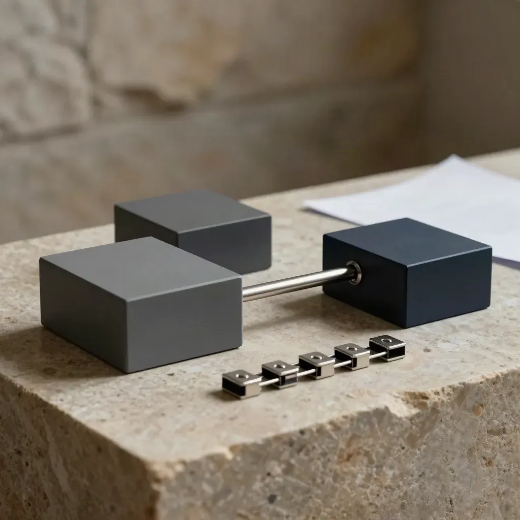 Composition premium de blocs modulaires, tige aimantée et clips précis sur pierre claire.