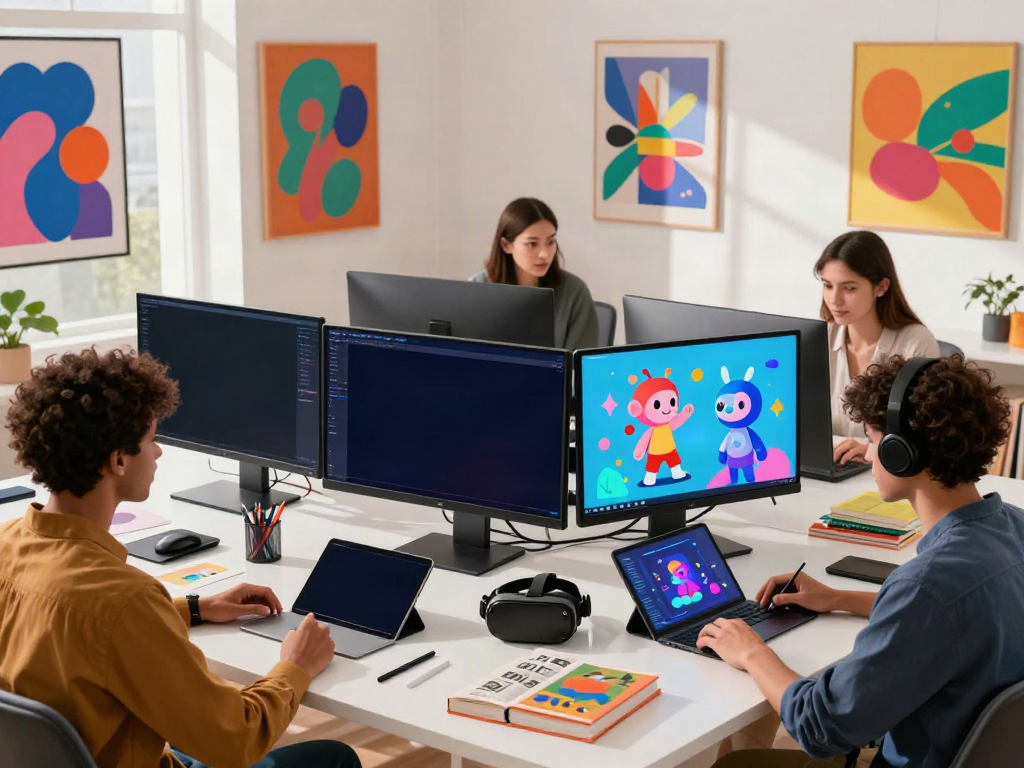 Creative digital workspace illustrating nsfw ai applications with diverse users collaborating on graphic designs and AIs.